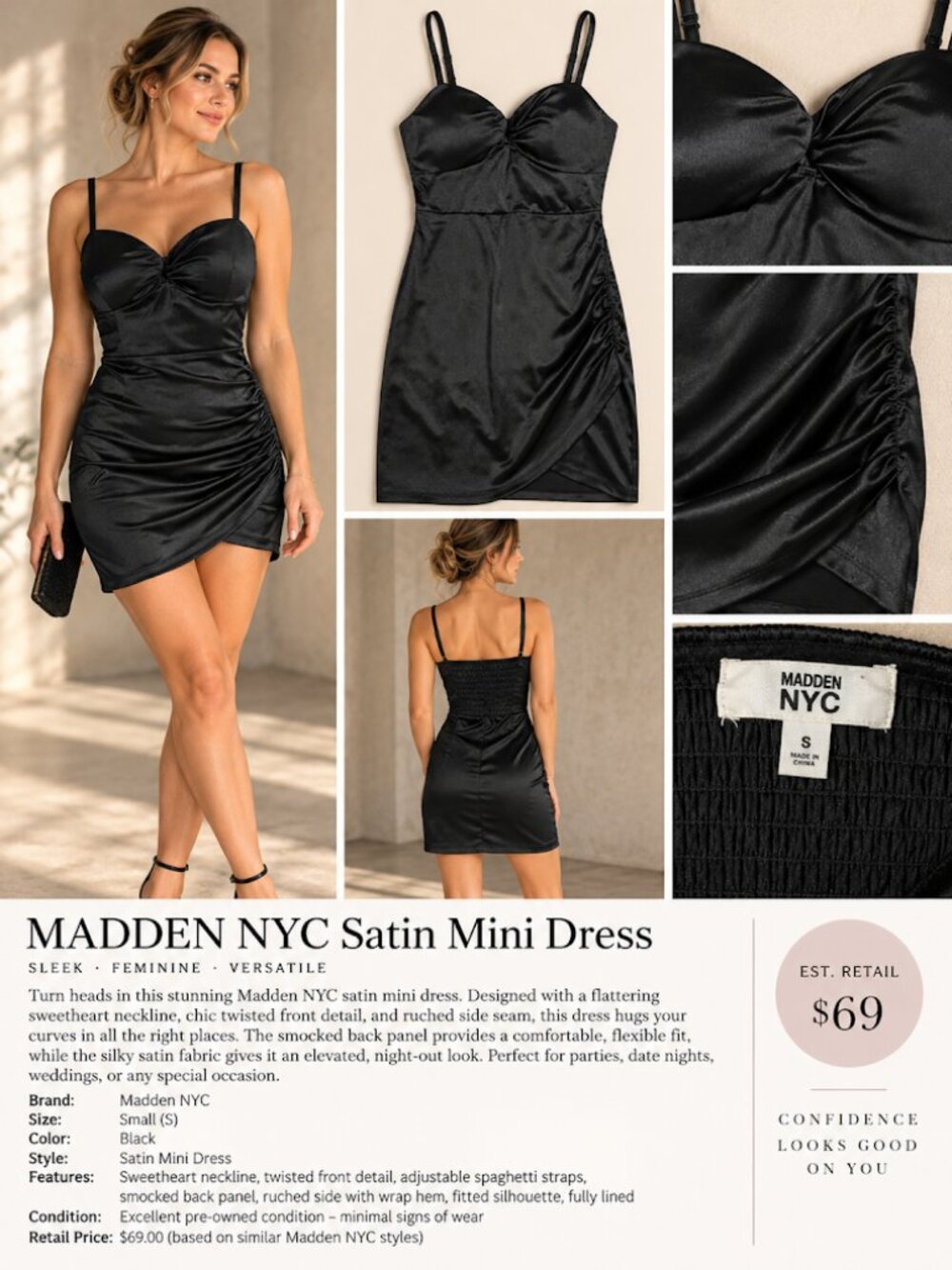 Madden NYC Satin Mini Dress - Sweetheart Neckline, Ruched Side
